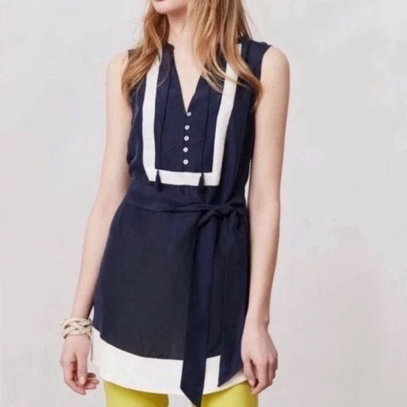 Anthropologie Maeve Navy Blue Sleeveless Silk Tunic Blouse - Picture 1 of 6